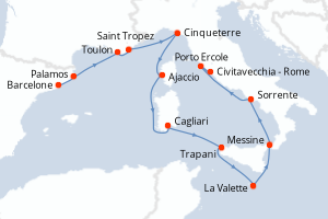Carte itinéraire croisière - 12 jours au départ de Barcelone - Méditerranée