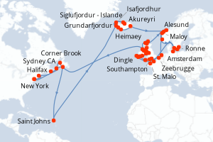 Carte itinéraire croisière - 67 jours au départ de New York - Tour du Monde