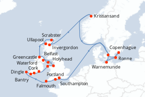Carte itinéraire croisière - 25 jours au départ de Southampton - Europe du Nord