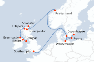Carte itinéraire croisière - 15 jours au départ de Belfast - Europe du Nord