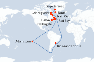 Carte itinéraire croisière - 17 jours au départ de Nuuk - Canada Bermudes