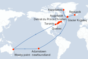 Carte itinéraire croisière - 15 jours au départ de Reykjavik - Saint Laurent
