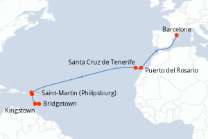 Carte itinéraire croisière - 14 jours au départ de Barcelone - Transatlantique