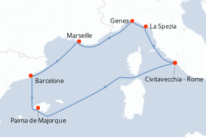 Carte itinéraire croisière - 7 jours au départ de Civitavecchia - Rome - Méditerranée