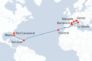 Carte itinéraire croisière  - 21 jours au départ de Barcelone - Transatlantique