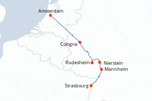 Carte itinéraire croisière La vallée du Rhin romantique et la Hollande - 5 jours au départ de Strasbourg - Europe du Nord