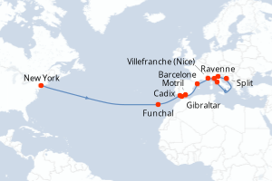 Carte itinéraire croisière - 19 jours au départ de New York - Transatlantique