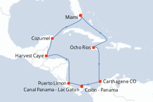 Carte itinéraire croisière - 11 jours au départ de Miami - Caraïbes Bahamas