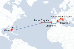 Carte itinéraire croisière - 16 jours au départ de Miami - Transatlantique
