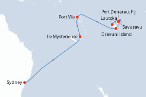 Carte itinéraire croisière - 11 jours au départ de Lautoka - Australie Nouvelle Zélande