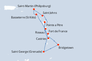 Carte itinéraire croisière - 13 jours au départ de Bridgetown - Caraïbes Bahamas