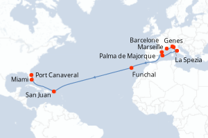 Carte itinéraire croisière  - 20 jours au départ de Marseille - Transatlantique