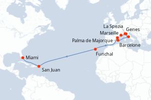 Carte itinéraire croisière  - 19 jours au départ de Marseille - Transatlantique