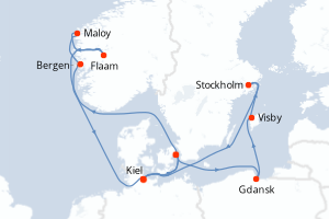 Carte itinéraire croisière - 14 jours au départ de Kiel - Europe du Nord