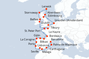 Carte itinéraire croisière - 25 jours au départ de Tilbury - Méditerranée