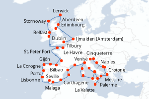 Carte itinéraire croisière - 42 jours au départ de Tilbury - Méditerranée