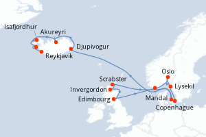Carte itinéraire croisière - 14 jours au départ de Copenhague - Europe du Nord