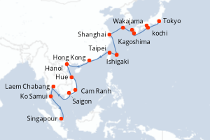 Carte itinéraire croisière - 27 jours au départ de Tokyo - Asie
