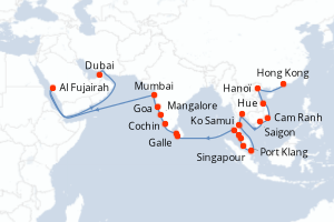 Carte itinéraire croisière - 32 jours au départ de Hong Kong - Moyen-Orient Dubaï