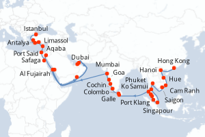 Carte itinéraire croisière - 53 jours au départ de Hong Kong - Méditerranée