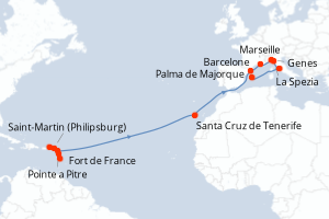 Carte itinéraire croisière  - 20 jours au départ de Fort de France - Iles Baleares