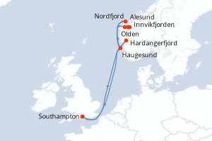 Carte itinéraire croisière - 7 jours au départ de Southampton - Europe du Nord