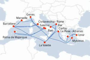 Carte itinéraire croisière - 10 jours au départ de Civitavecchia - Rome - Méditerranée