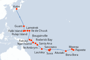 Carte itinéraire croisière De Papeete à Kobé - 34 jours au départ de Papeete - Tahiti