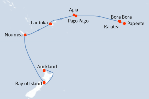 Carte itinéraire croisière  - 18 jours au départ de Papeete - Australie Nouvelle Zélande
