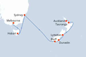 Carte itinéraire croisière  - 16 jours au départ de Auckland - Australie Nouvelle Zélande