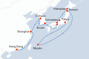 Carte itinéraire croisière  - 19 jours au départ de Tokyo - Asie