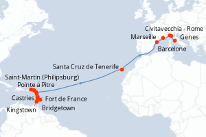 Carte itinéraire croisière  - 25 jours au départ de Fort de France - Transatlantique
