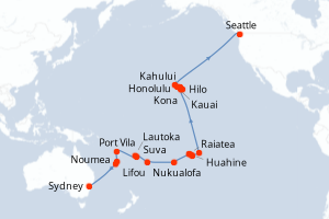 Carte itinéraire croisière - 35 jours au départ de Sydney - Alaska