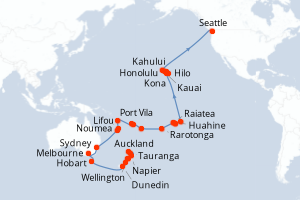 Carte itinéraire croisière - 49 jours au départ de Auckland - Alaska