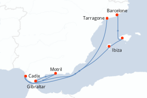 Carte itinéraire croisière - 7 jours au départ de Tarragone - Méditerranée