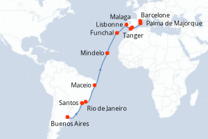 Carte itinéraire croisière - 24 jours au départ de Buenos Aires - Transatlantique