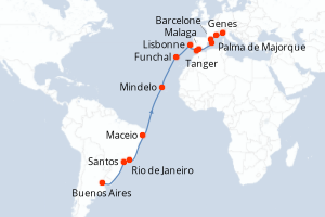 Carte itinéraire croisière - 26 jours au départ de Buenos Aires - Transatlantique