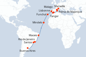 Carte itinéraire croisière - 25 jours au départ de Buenos Aires - Transatlantique
