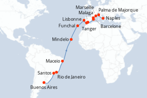 Carte itinéraire croisière  - 27 jours au départ de Buenos Aires - Transatlantique
