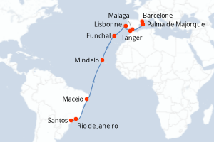 Carte itinéraire croisière  - 21 jours au départ de Santos - Transatlantique