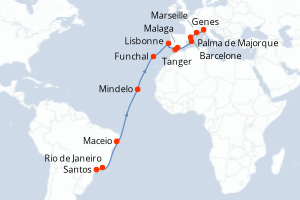 Carte itinéraire croisière  - 23 jours au départ de Santos - Transatlantique