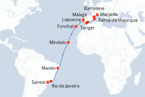 Carte itinéraire croisière  - 22 jours au départ de Santos - Transatlantique