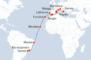 Carte itinéraire croisière  - 24 jours au départ de Santos - Transatlantique