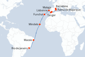 Carte itinéraire croisière - 20 jours au départ de Rio de Janeiro - Transatlantique