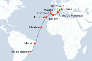 Carte itinéraire croisière  - 22 jours au départ de Rio de Janeiro - Transatlantique