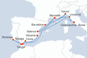 Carte itinéraire croisière - 14 jours au départ de Barcelone - Méditerranée