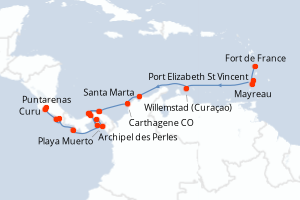 Carte itinéraire croisière De Fort-de-France à Puntarenas - 19 jours au départ de Fort de France - Caraïbes Bahamas