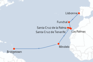 Carte itinéraire croisière - 14 jours au départ de Lisbonne - Caraïbes Bahamas