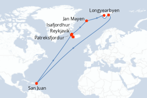 Carte itinéraire croisière - 16 jours au départ de Reykjavik - Europe du Nord