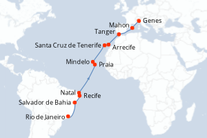 Carte itinéraire croisière - 22 jours au départ de Rio de Janeiro - Transatlantique